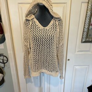 Elegant Cream/ Beige Open Knit V-Neck Hooded Women's Sweater